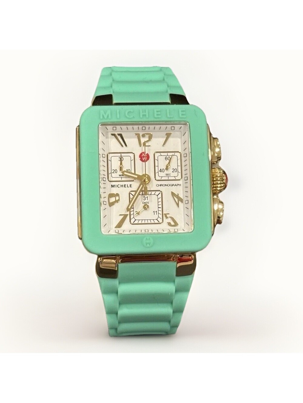 MICHELE Park Jelly Bean Chronograph Quartz Turquoise Silicone Gold Case Watch